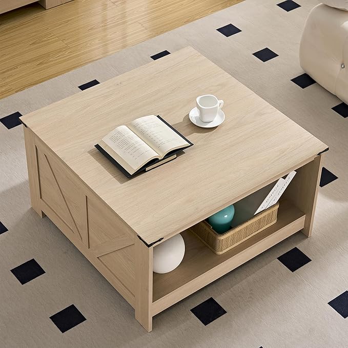 Farmhouse Coffee Table for Living Room, Wood Square Coffee Tables, 31.5" D x - Image 3