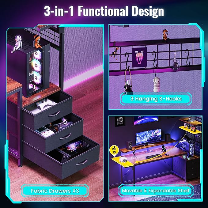 PRAISUN 61.7" Gaming Desk with LED Lights & Outlets, Computer Desk with 3 - Image 7