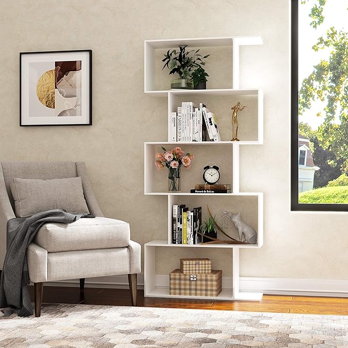 Yusong Bookshelf 5-Tier, Geometric Bookcase S Shaped Book Shelves - Image 2