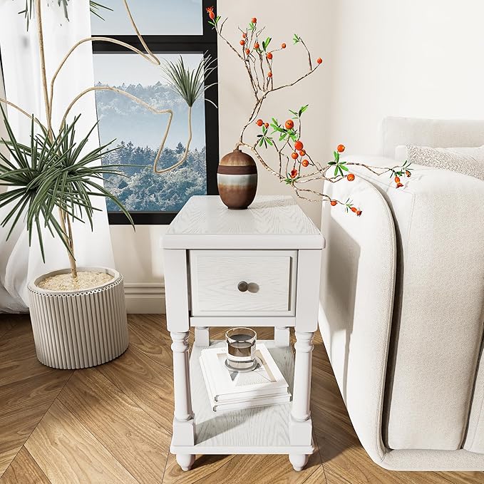 Narrow End Table with Drawer and Open Storage Shelf, Solid Wood Sofa Side Table - Image 9