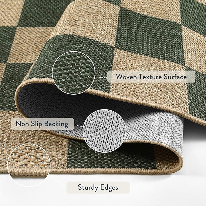 Lahome Checkered Outdoor Runner Rug, 2x8 Green Kitchen Runner Rugs - Image 3