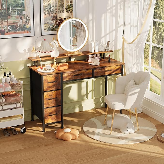 Computer Desk with 5 Drawers, Gaming Desk with LED Lights Power Outlets and - Image 5