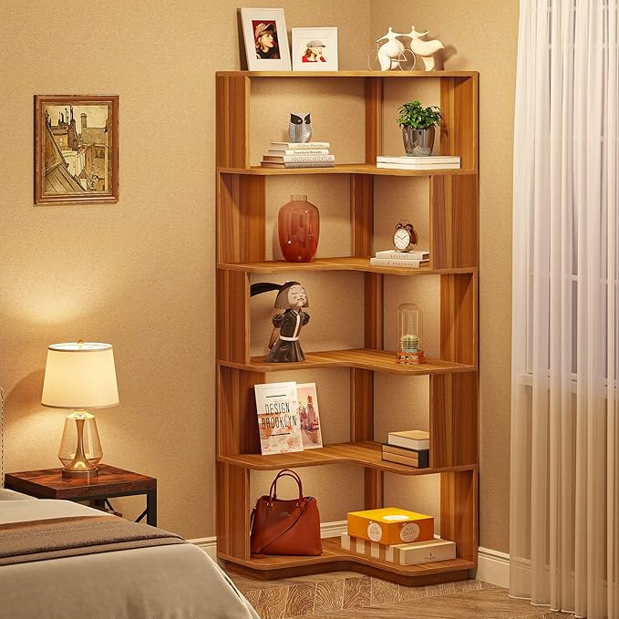 LITTLE TREE 6-Shelf Corner Bookshelf, 65” Tall L Shaped Bookcase, 6-Tier - Image 4