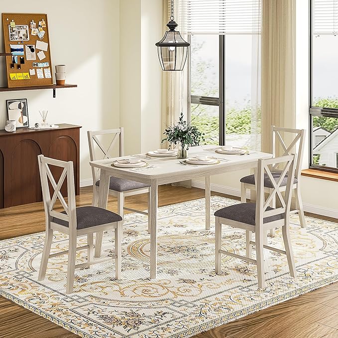 5-Piece Dining Table Set for 4, Solid Wood Kitchen Table Set by Peatuk
