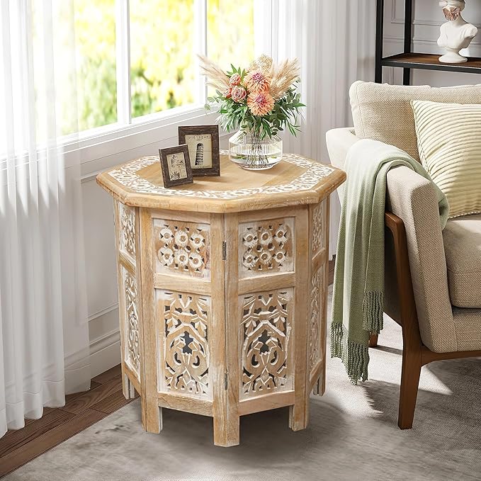 The Wooden Town Side Tables– Hand Carved Vintage Boho Folding End Tables - Image 6