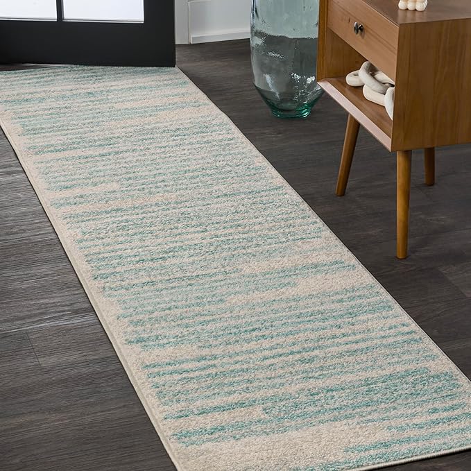 JONATHAN Y Khalil Modern Berber Stripe Cream/Turquoise Runner Rug, Contemporary by JONATHANY