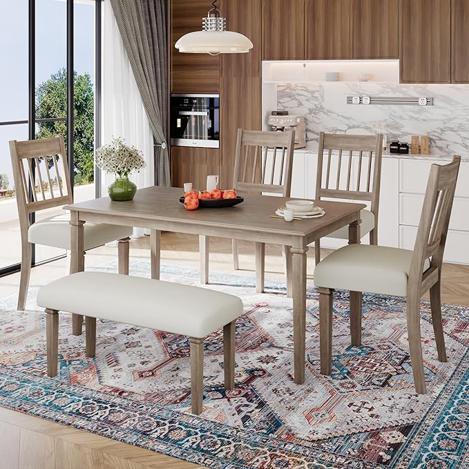 Merax 6-Piece Retro Dining Table Set, 6 Seats Wooden Rectangular Table - Image 8