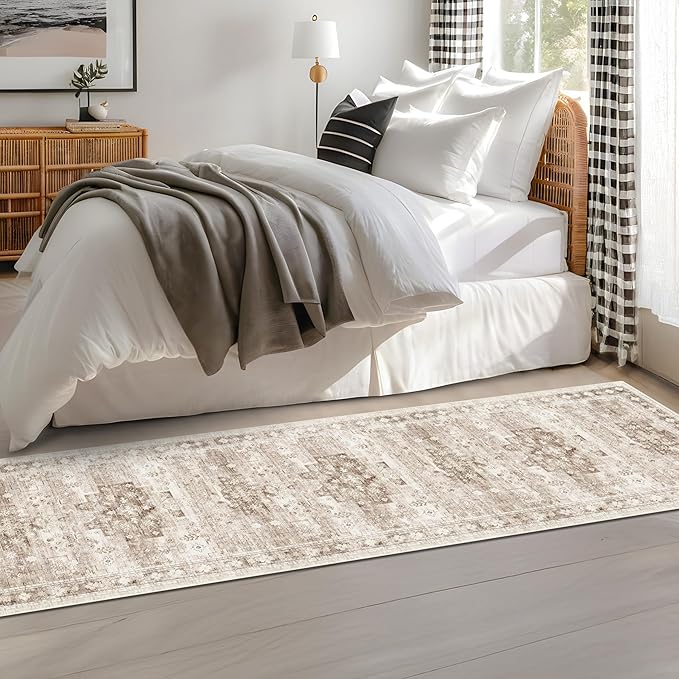 Boho 2x7 Long Runner, Neutral Farmhouse Bedside Rug, Small Throw Runners by HazoHaus