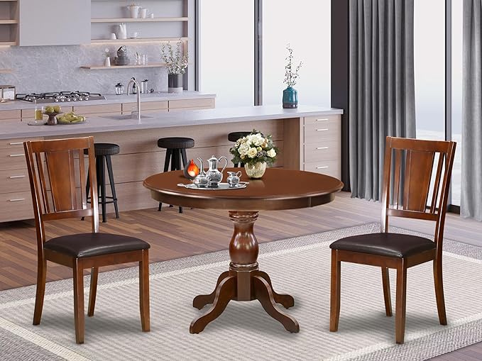 East West Furniture HBDU3-MAH-C 3 Piece Dining Set Contains a Round Dining Room - Image 2