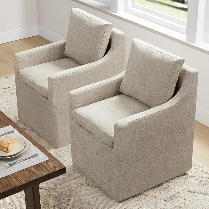 Upholstered Dining Chairs with Casters Easy Assembly Side Deskchair with Rollers - Image 3