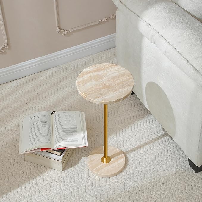 Φ9.8-inch Marble Round Drink Table, Stone Finish Pedestal End Table - Image 6