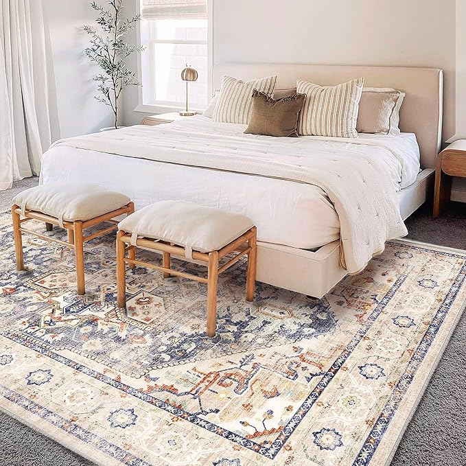 Washable Area Rug 9'x12' Blue Khaki Retro Flowers Boho Design Non-Shedding Easy - Image 3