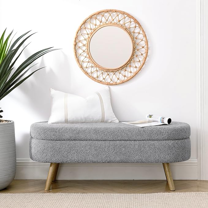 Oval Storage Bench 43.5" Linen Fabric Upholstered Entryway Bench by ECLYLFurniture