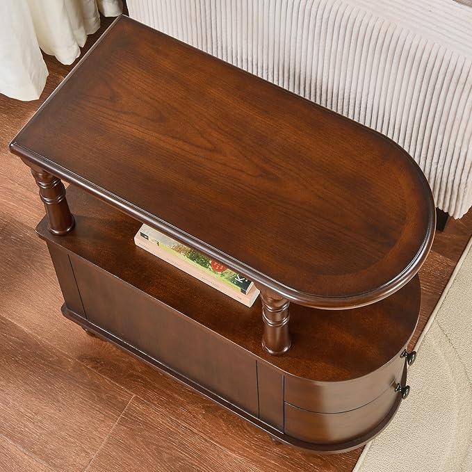 Wood End Table with 2 Drawers and Storage Shelf, Narrow Sofa Side Table - Image 8