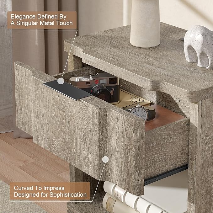 Night Stand with Charging Station, Wooden Mid Century Modern Nightstand with - Image 3