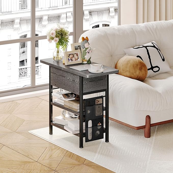 End Table with Charging Station, Flip Top Nightstand with USB Ports and Outlets - Image 2