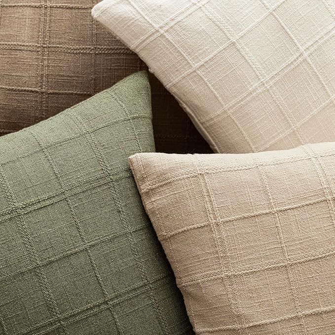 Foindtower Set of 2 Decorative Linen Check Throw Pillow Covers Neutral Long - Image 4