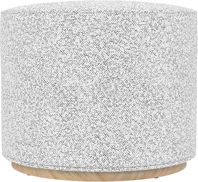 Bouclé Ottoman with Wooden Base – 22” Round Upholstered Footrest, Cream Bouclé by Spatial+Order
