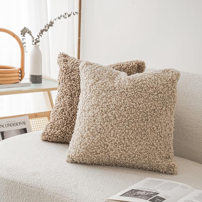Foindtower 2 Pieces 20x20 Inch Light Khaki, Faux Fur Throw Pillow Cover Accent - Image 4