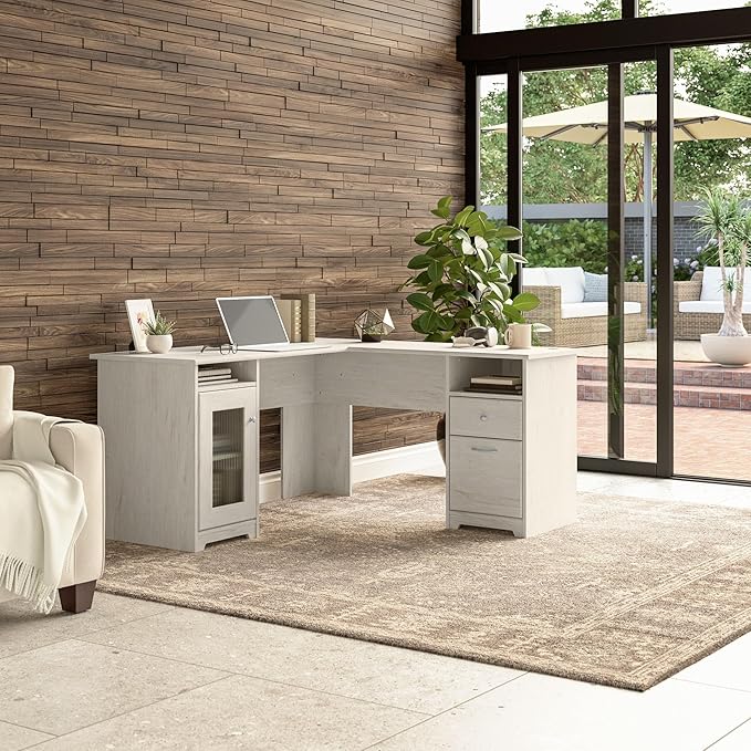 Bush Furniture Cabot 60W L Shaped Computer Desk in Linen White Oak - Image 2