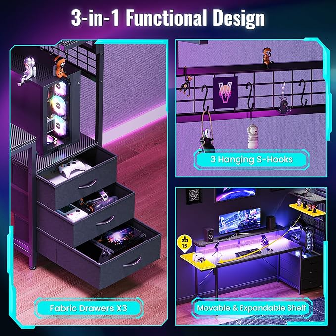PRAISUN 61.7" Gaming Desk with LED Lights & Outlets, Computer Desk with 3 - Image 7