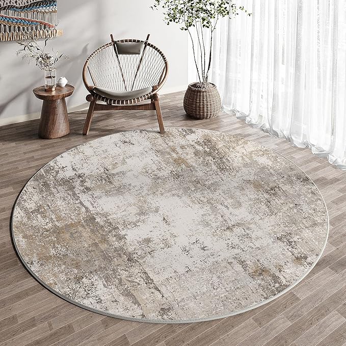8x8 Washable Round Rug Brown Grey Neutral Abstract Living Room Bedroom Large - Image 4