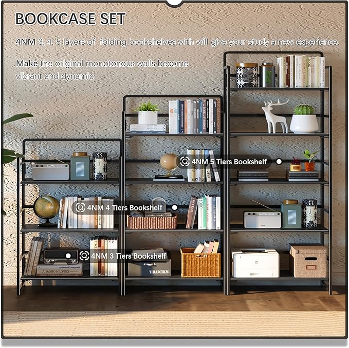 4NM No-Assembly 5 Tiers Folding Bookshelf Storage Shelves Vintage Bookcase - Image 5