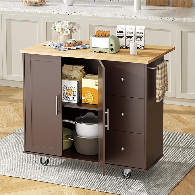 Shintenchi Kitchen Island with Folding Drop Leaf, Rolling Island Table with - Image 2