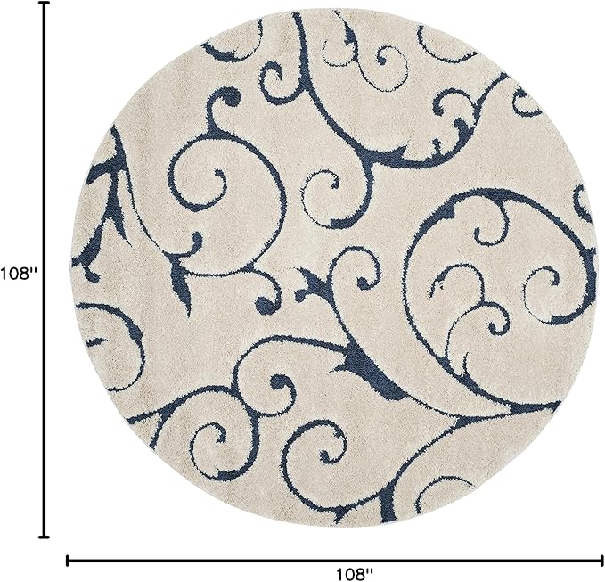 SAFAVIEH Florida Shag Collection 9' Round Cream/Blue SG455 Scrolling Vine - Image 2