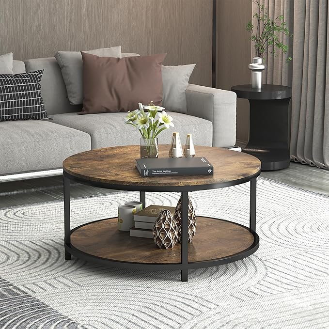 NSdirect 36 inches Round Coffee Table, Rustic Wooden Surface Top & Sturdy Metal - Image 4