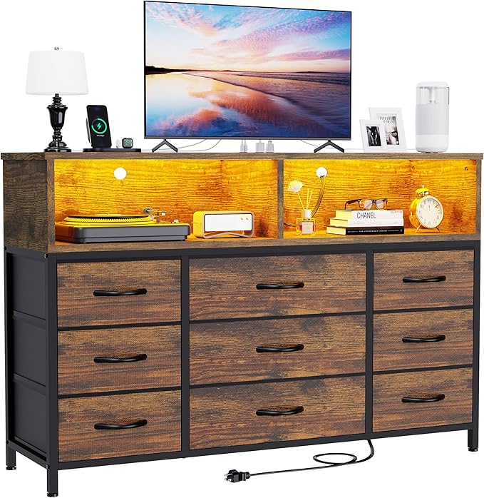 Dresser for Bedroom, 9 Drawers Led Dresser TV Stand by eiskah