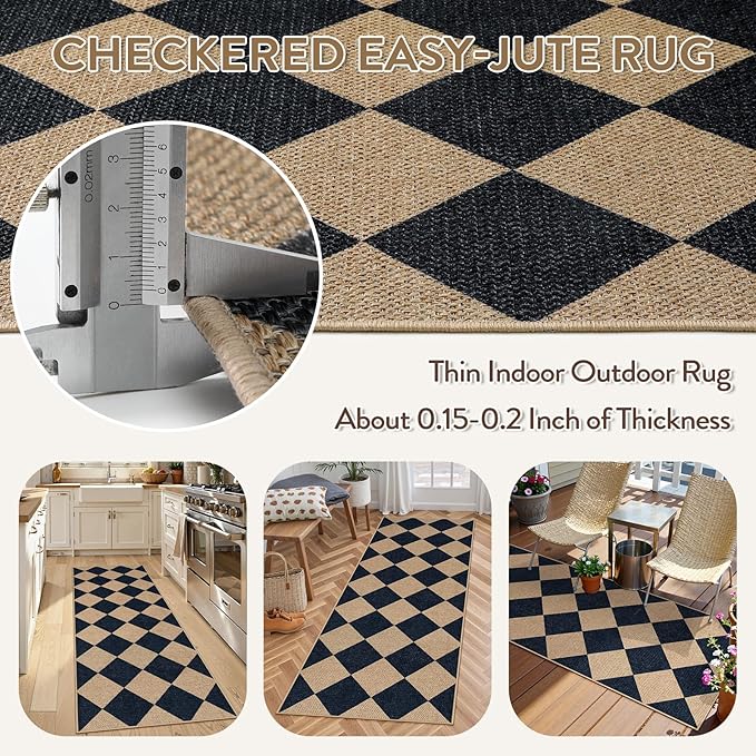 Lahome Checkered Easy Jute Runner, 2x6 Kitchen Runner Rug Non Slip Washable - Image 3