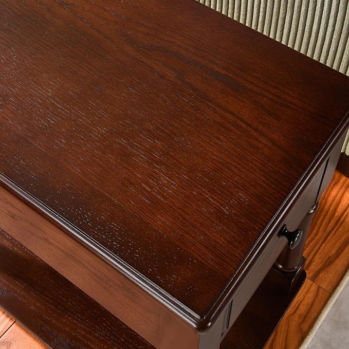 Narrow End Table with Drawer and Storage Shelf, Solid Wood Sofa Side Tables - Image 6
