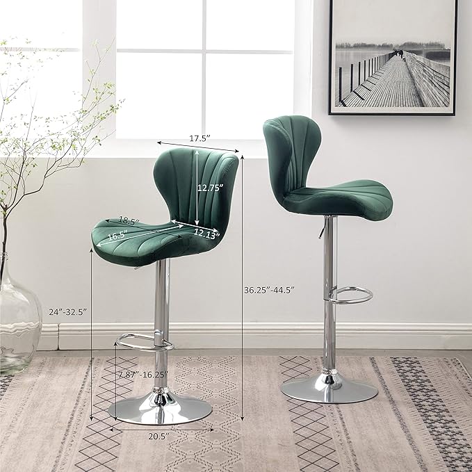 Roundhill Furniture Ellston Velvet Adjustable Swivel Barstools in Green - Image 2