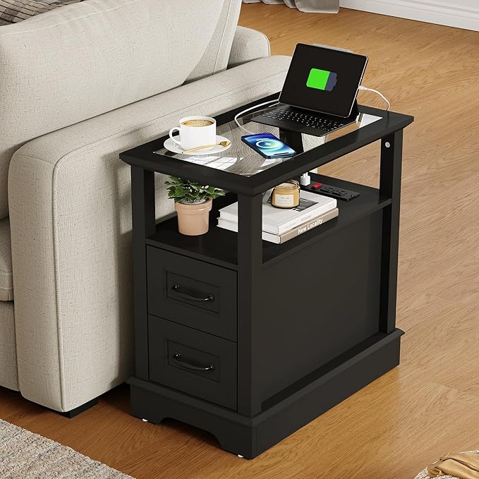 LINSY HOME End Table with Charging Station, Narrow Sofa Couch Side Table with - Image 2