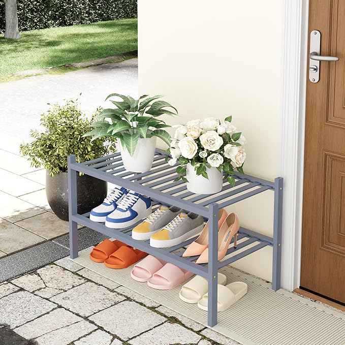 Smiry Shoe Rack, 2 Tier Thick Bamboo Shoe Organizer, Stackable Free Standing - Image 7
