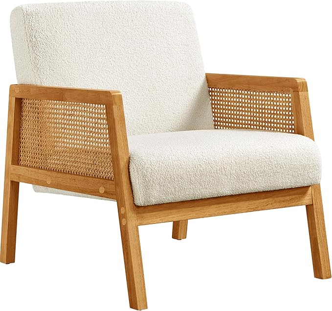Yaheetech Boucle Fabric Accent Chair, Vintage Rattan Vanity Chair by Yaheetech