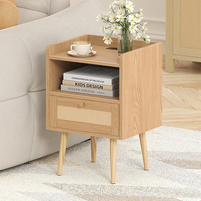 Nightstand Rattan with Charging Station, Mid Century Modern Bed Side Table - Image 7