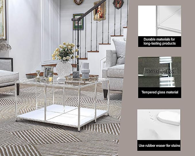 Matte Coffee Table with Open Storage, Square Tempered Glass Storage Rolling - Image 5
