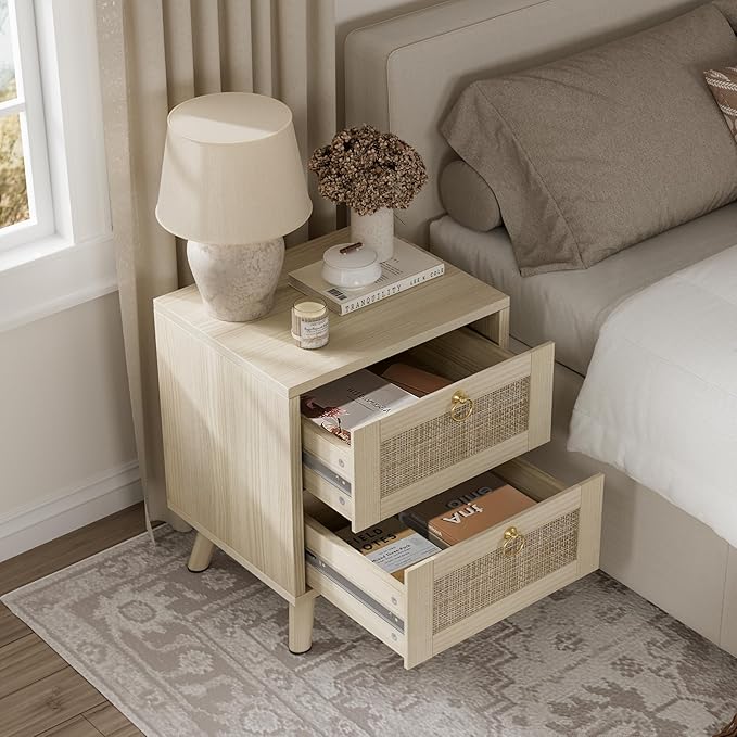 BOLUO Wooden Night Stand with 2 Drawer, Rattan Small Nightstand Boho Bedside - Image 6