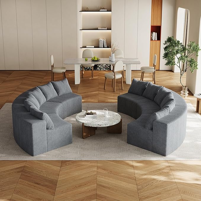 KEIKI Corduroy Curved Sectional Sofa, 6 Seater Symmetrical Modular Semi - Image 4