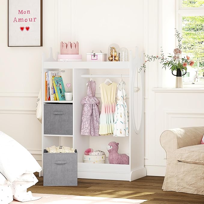 UTEX Kids Play Armoire with Mirror, Storage Bins and Closet - Image 2