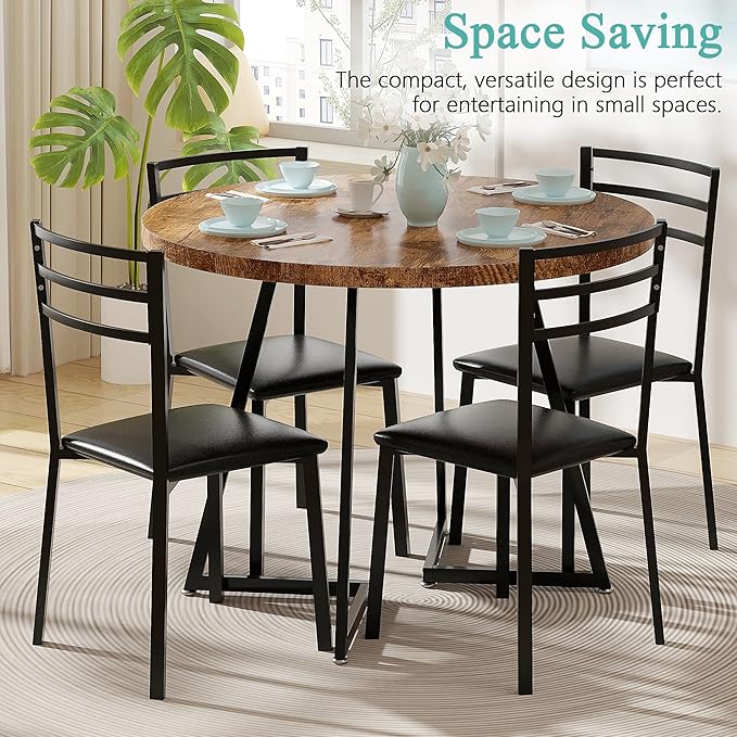 VECELO 35" Round Dining Table for 4, Wood-Grain Tabletop & Heavy-Duty Steel - Image 5