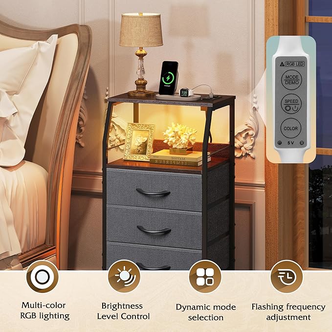 WLIVE Nightstand with Charging Station, Night Stand with LED Light, Tall 4 - Image 4