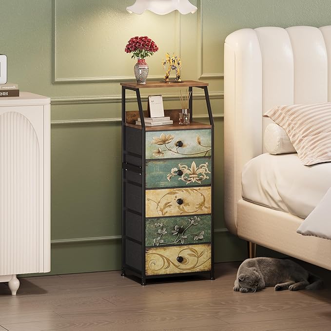 Tohomeor Nightstand with Fabric Drawers Dresser with 2 Tier Shelf Storage Tower - Image 3