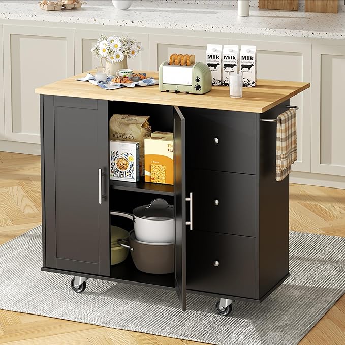 Shintenchi Kitchen Island with Folding Drop Leaf, Rolling Island Table with - Image 2