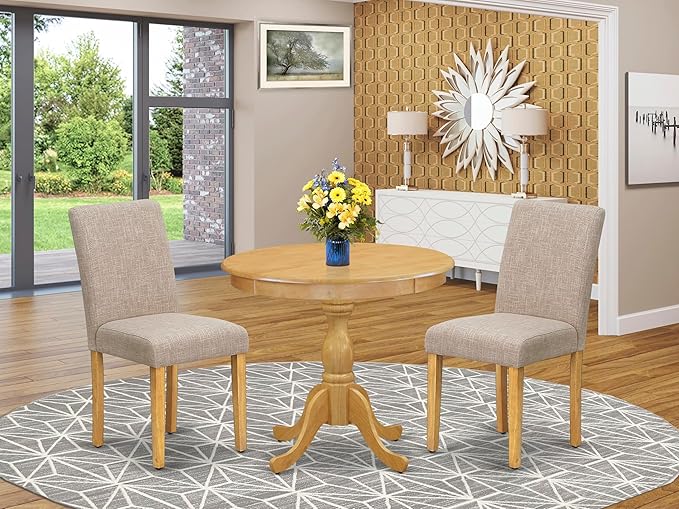 East West Furniture AMAB3-OAK-04 3 Piece Dining Set Contains a Round Kitchen - Image 2