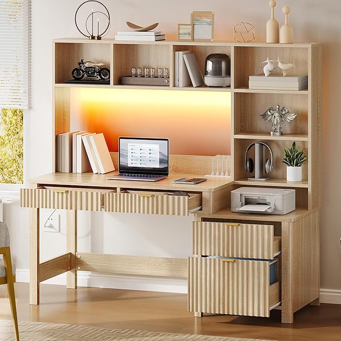 YITAHOME Computer Desk with Hutch and Drawers, Gaming Desk with Power Outlets & by YITAHOME