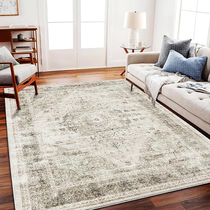 Area Rug 6'x9' Washable Vintage Floral Khaki Traditional Floor Cover Thin Retro by CHAMPLANT
