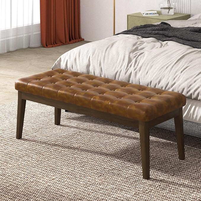 End of Bed Bedroom Bench, Faux Leather Upholstered Tufted Bench by Befurtori